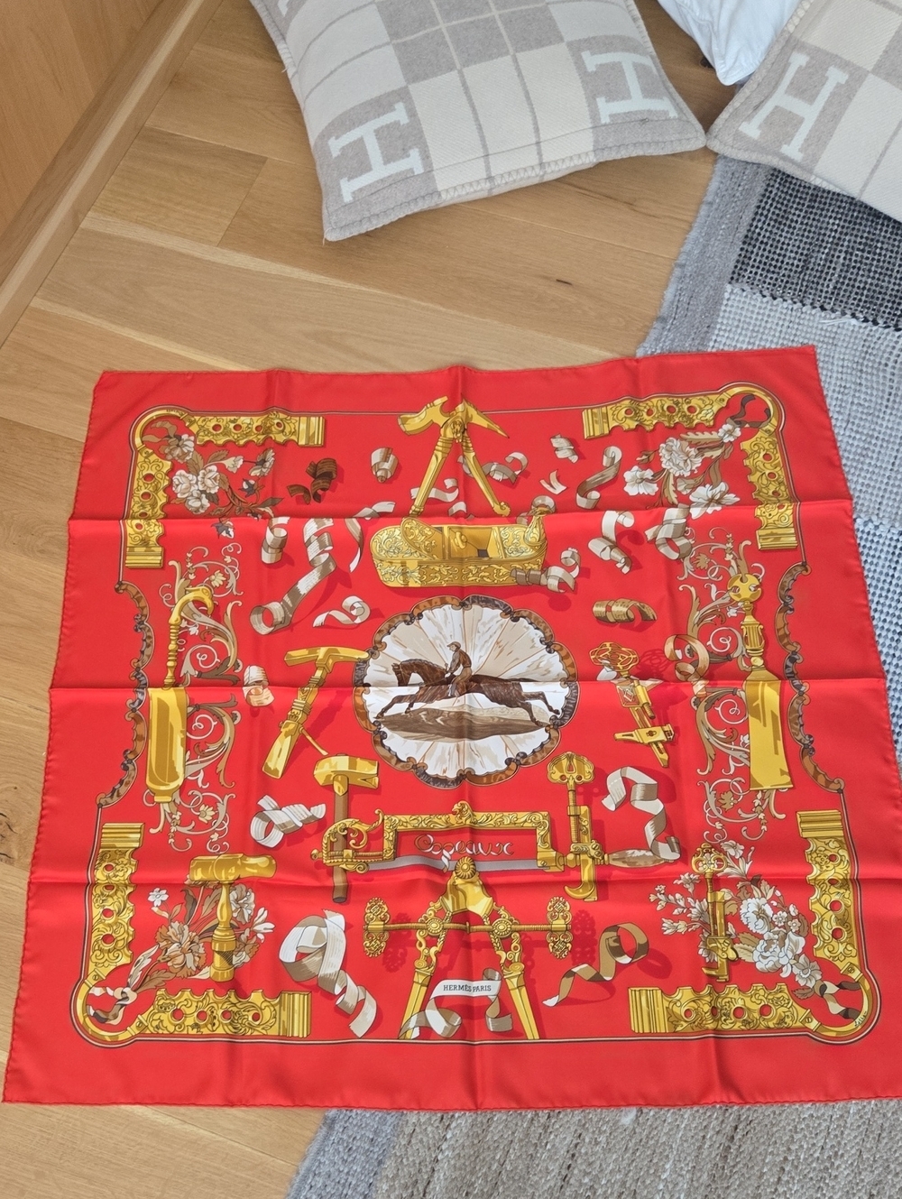 Hermes Red Silk Scarf with Gold Baroque Motif, VGUC, Comes With Box - Picture 4 of 7